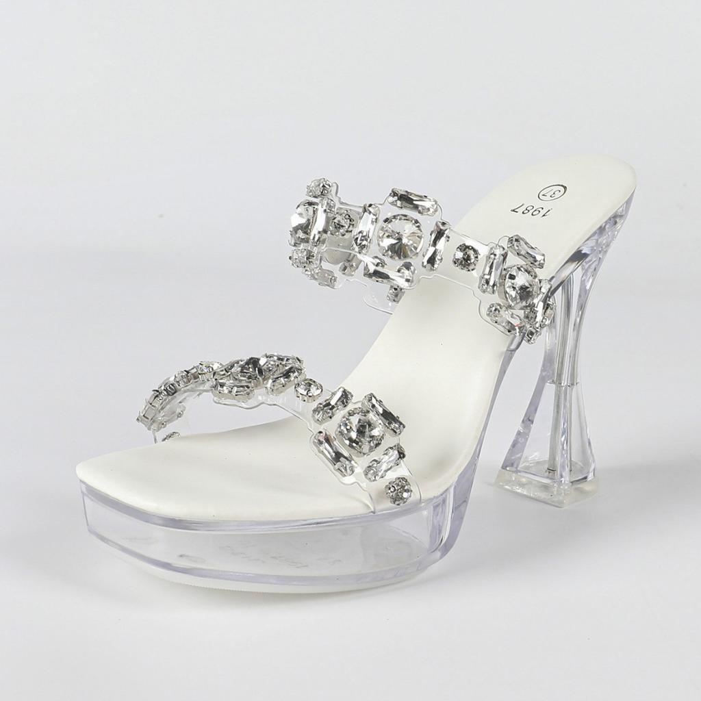 New 12CM Sexy Car Model Fashionable Transparent Nightclub Thick Heel Crystal Square Head Non-slip Rhinestone LFD-1987-Q22