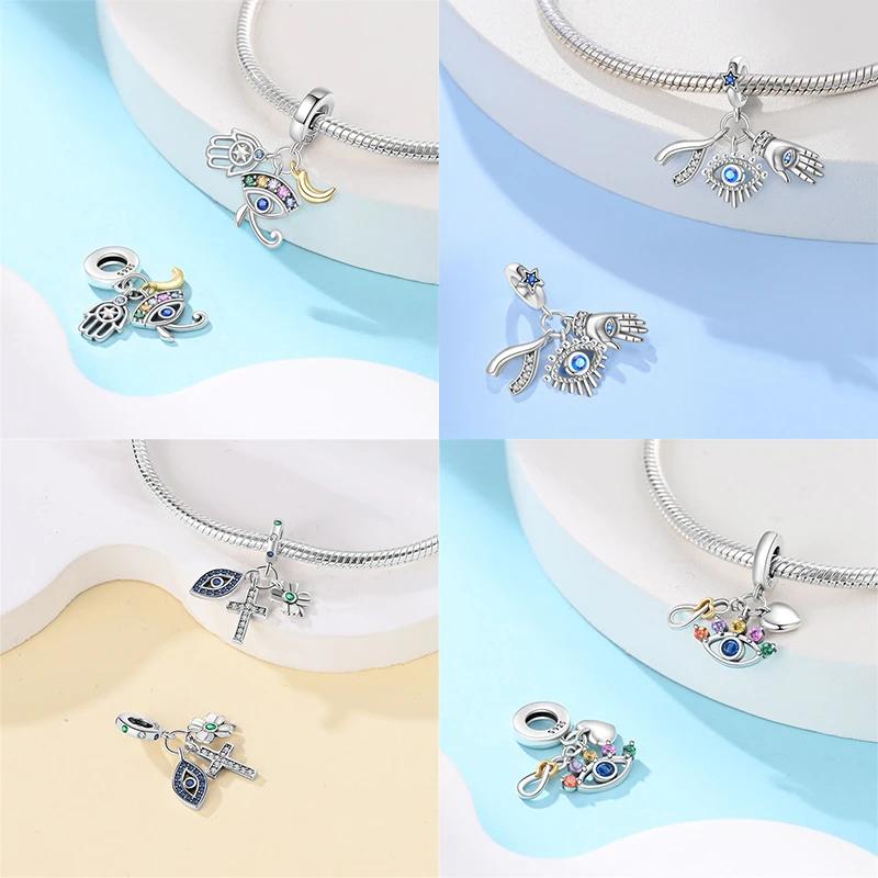 Charm Bead Components Shiny Zircon Blue Devil's Eye and Fatisha's Hand Bead Components Copper Metal Pendant Bead Component Compatible With Do It