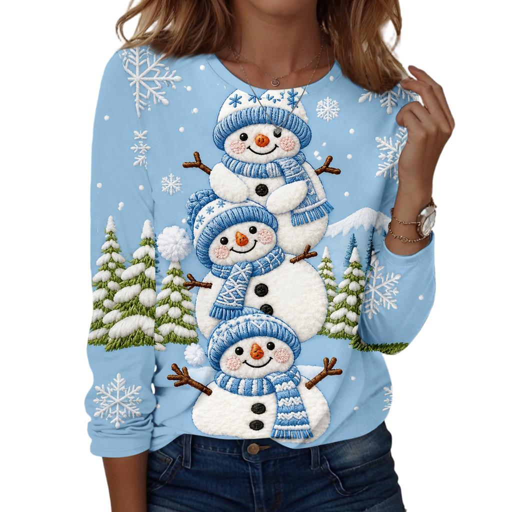 Women's Fashion Casual Long Sleeve Christmas Print Neck Top for Holiday