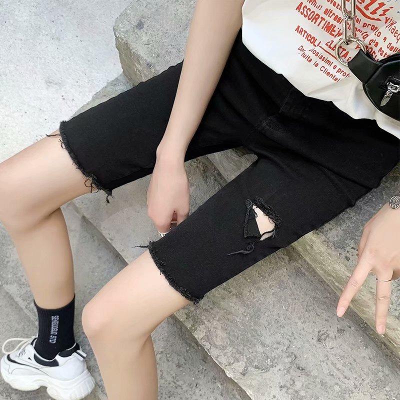 Black straight-leg shorts women's summer high-waisted Hong Kong-style denim pants wear tight ripped cycling pants five-point pants