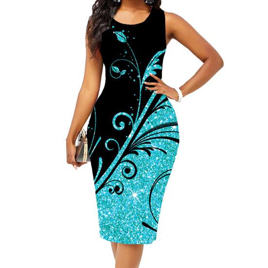 

Женское платье без рукавов с круглым вырезом и талией, обтягивающее облегающее платье с принтом, летнее блестящее облегающее платье с принтом 4XL