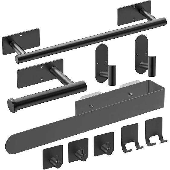 Towel Racks for Bathroom,QIYOOO 10pcs Upgraded Version Thickened SUS304 Stainless Steel Self Adhesive Towel Bar Set,Self-Adhesive/Drilled