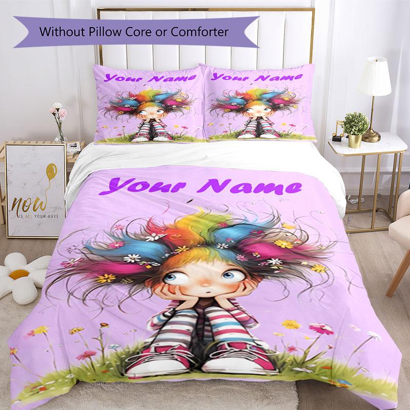 3PC Custom Name Colorful Fantasy World Bedding Set Printed Bedding Set Duvet Cover Closure Includes 1 Duvet Cover & 2 Pillowcases for All Seasons Bedr