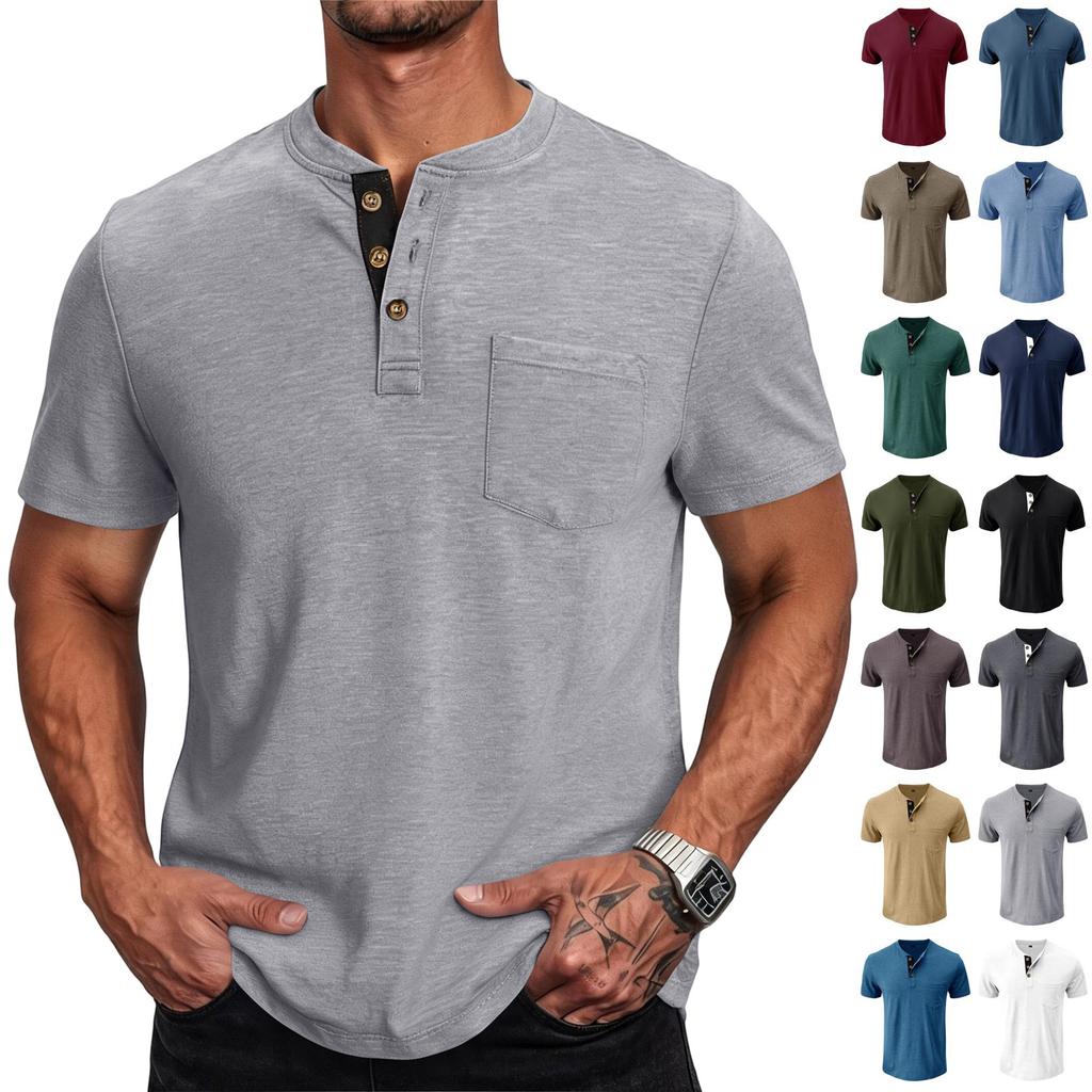 Men Henley Neck Short Sleeve T Shirt Casual Basic Button Front Athletic Fit Pullover Top with Chest Pocket for Everyday Wear