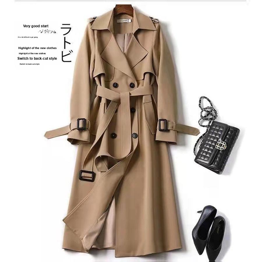 Women's Long Trench Coat Autumn Spring Korean Style Petite British Style Over Knee Dress Coat Jacket