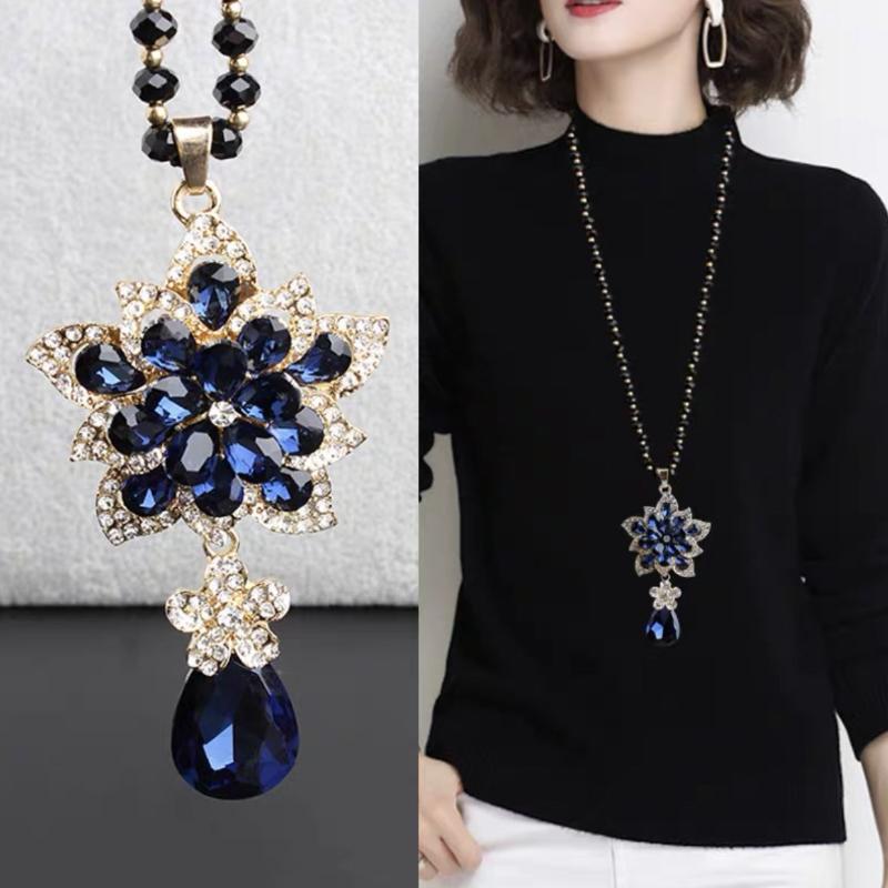 Fashion Crystals Flower Sweater Chain Alloy Pendants Women High End Versatile Clothing Accessories Long Necklaces Jewelry