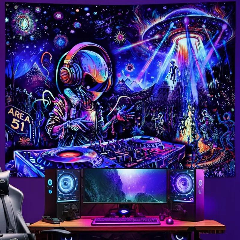 VIKAMA Trippy Alien DJ Tapestry UV Reactive Polyester Psychedelic Wall Hanging Aesthetic Dorm Decor for Bedroom