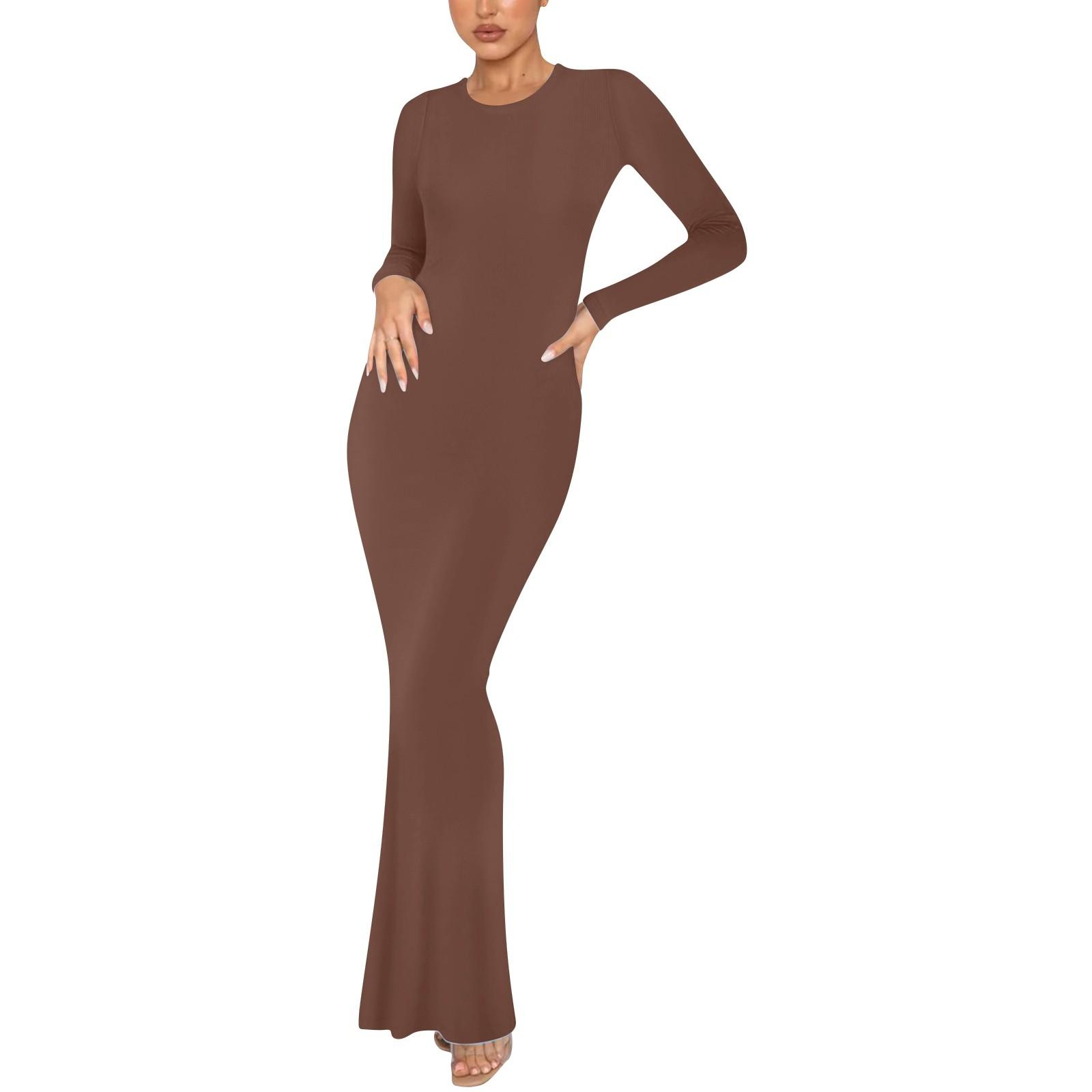 

Женское модное и элегантное однотонное облегающее длинное платье с круглым вырезом и длинными рукавами XL кофейный