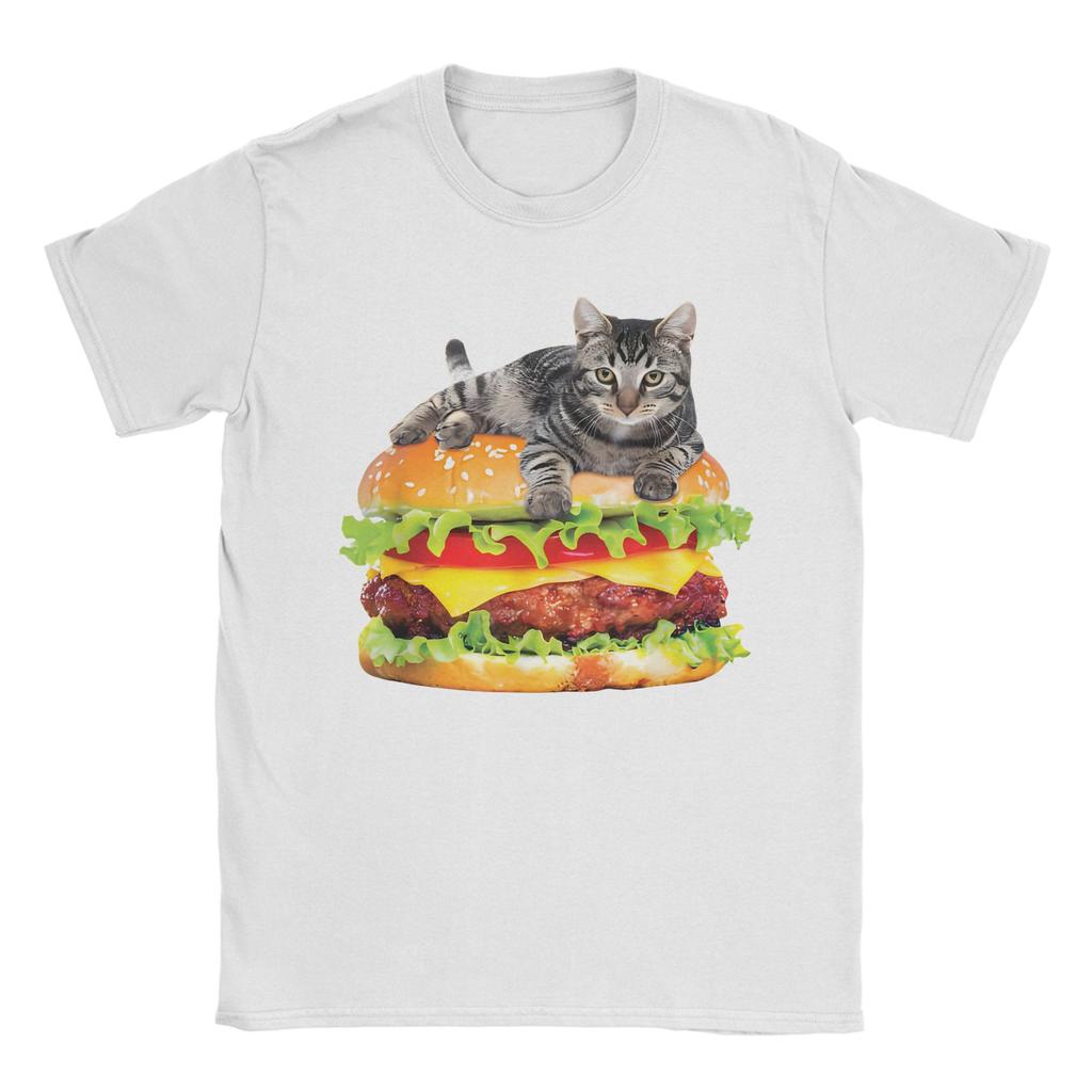 Men Hamburger Space Cat Funny Kitty T-Shirts  Pure Cotton Top Tees Beach Street Style T-Shirt O-Neck Trending Tee Shirt Big Size