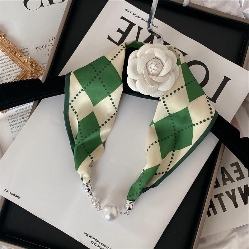 Luxury Design Magnetic Pearl Buckle Silk Scarf For Women Summer Thin Neck Scarves Decorative Shirt Lady Fashion