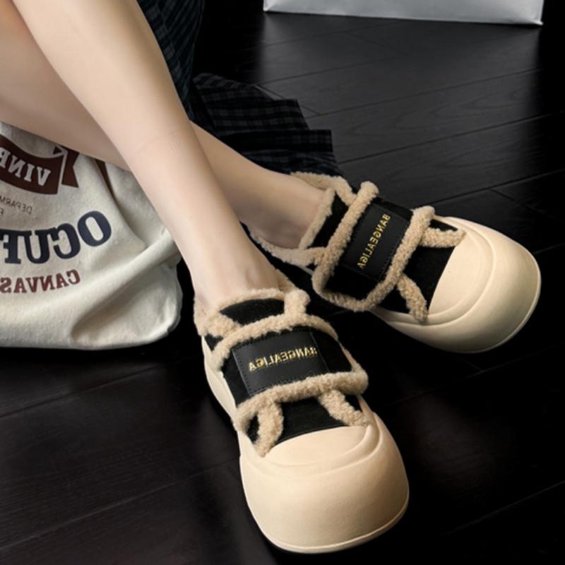 Genuine Leather and Velvet Loafers for Women Winter Velcro Retro Sneakers Thick-soled White Shoes All-match Shoes