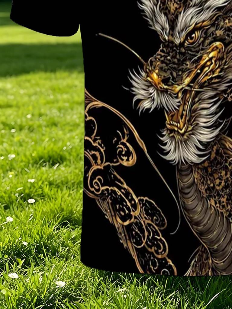 Men's Outdoor Short-Sleeve Polo Shirt, Available in Multiple Sizes, Men's Lapel Polo with Black Base and Giant Dragon Print, Men's Top, Slim Fit,