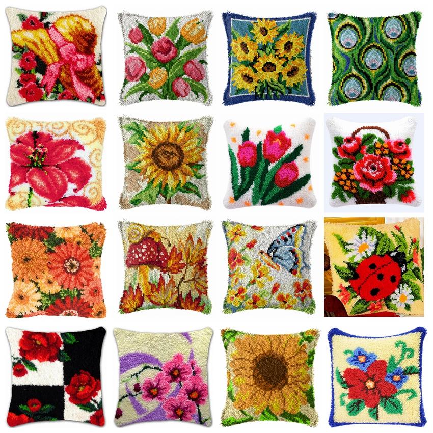 Latch Hook Rug Kits Pillowcase Flower Plants Series Pillow Material Package Handcraft Latch Hook Kits Embroidery Cushion Decor