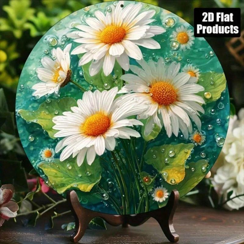 Metal Wall Art White Daisy Retro Round for Kitchen