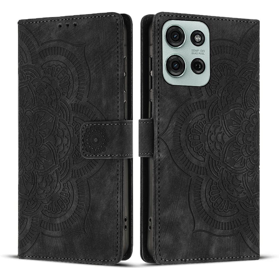 

For Motorola Moto G75 5G Leather Case WANLONFENG HDM Series Mandala Imprint Wallet Stand Phone Cover Black