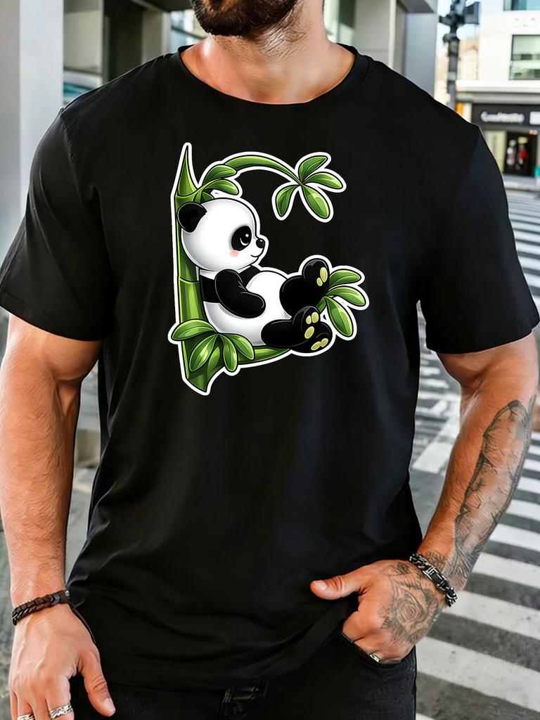 Unisex Lovely Cartoon Panda On Green Bamboo Graphic Cotton Short Sleeve Tee Crew Neck Soft Male Summer Casual Breathable Street Top