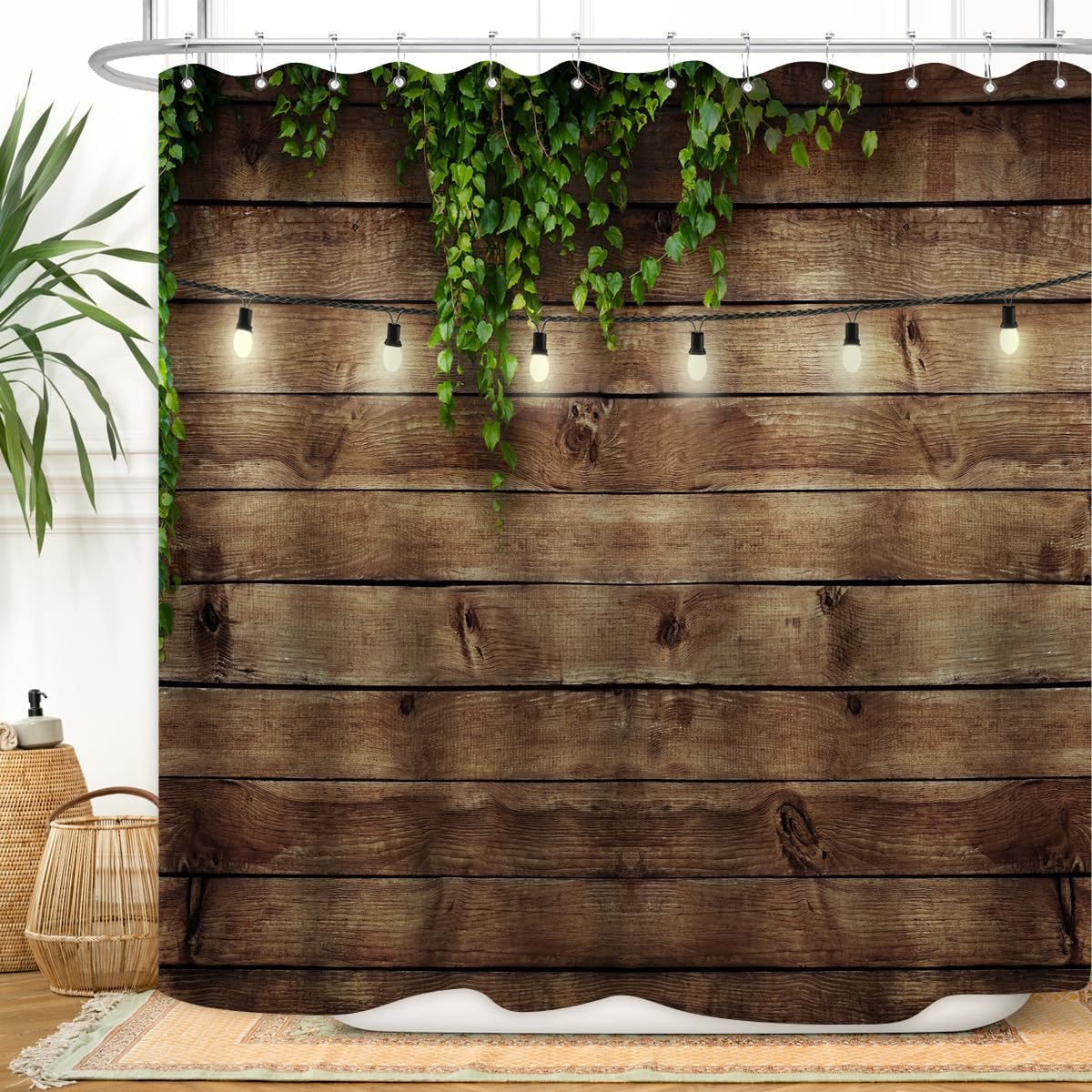 

Rustic Wood Plank Shower Curtain - Vintage Green Leaves Barn Door Design 72X72 Inch, Waterproof Fabric , Country Bathroom Decor W60H190(CM)-1 Pcs