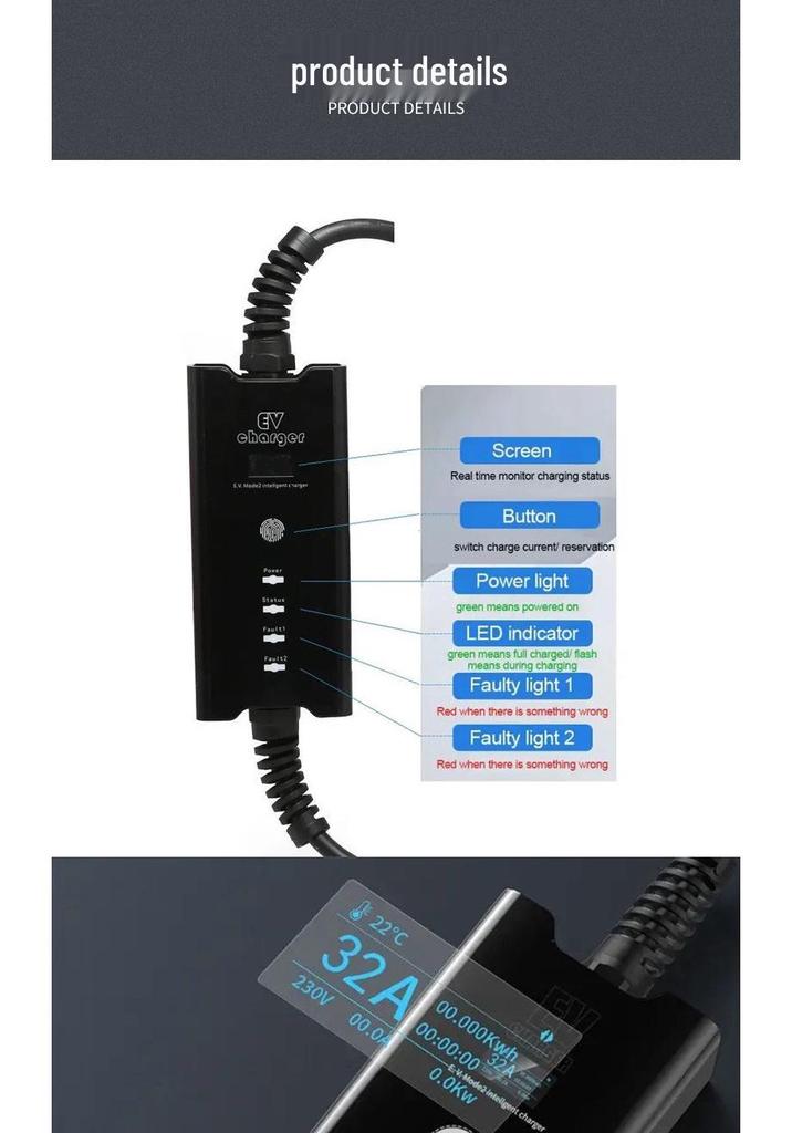 Portable EV Charger with US Type 1, EU Type 2, and National Standard Compatibility