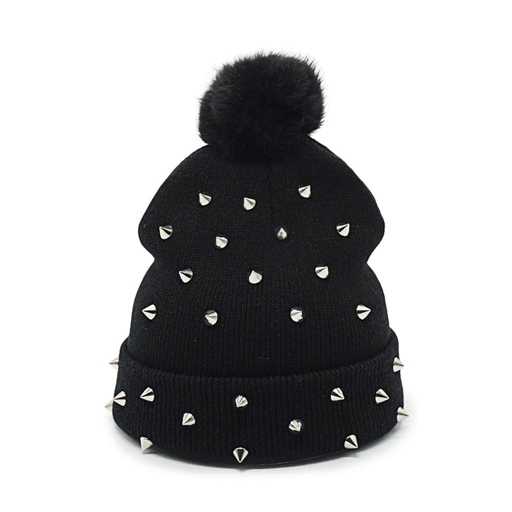 Black Soft Punk Knitted Beanie Warm Hat Winter 18x35cm for Women and Girls