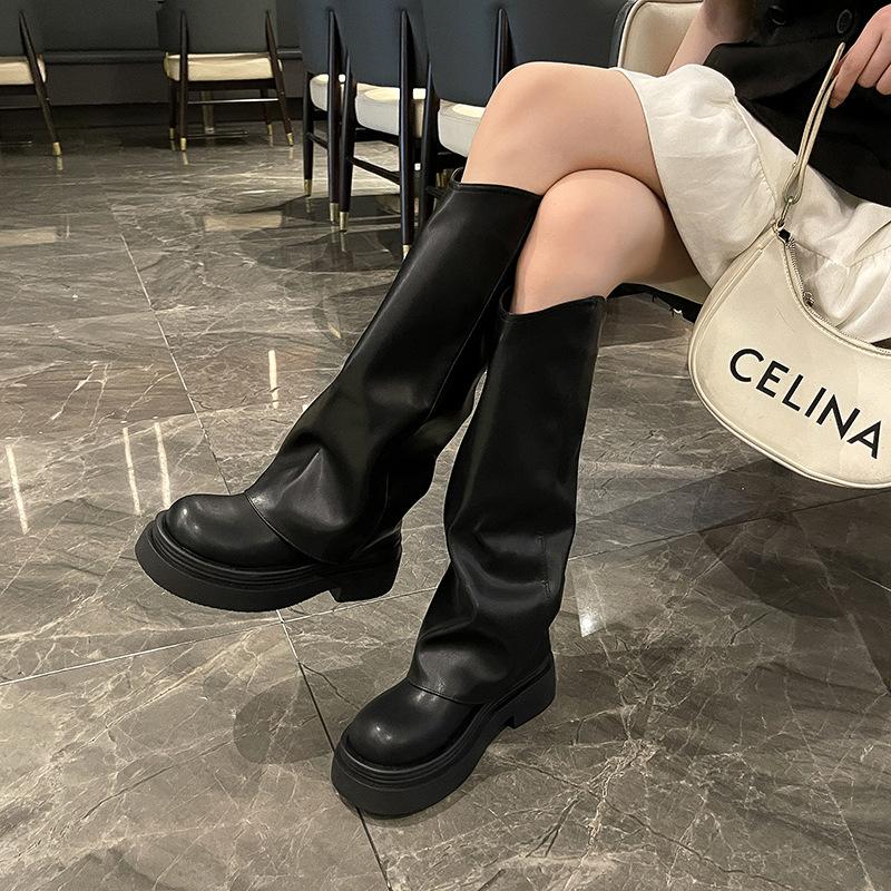 Fashion retro British style thick heel platform Martin boots women's 2025 autumn versatile new trouser tube boots long boots
