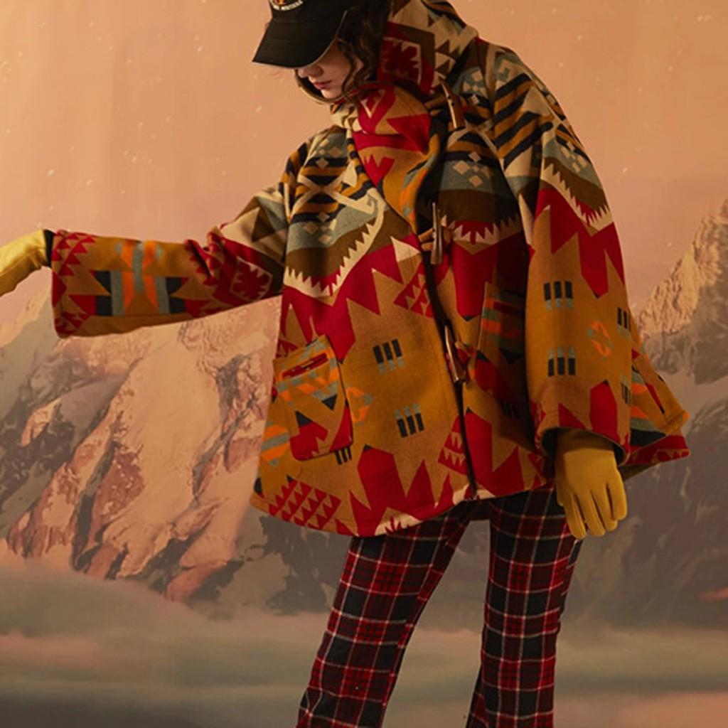 Women Casual Horn Buckle Retro Print Long Sleeve Hooded Jacket Pocket  Coats