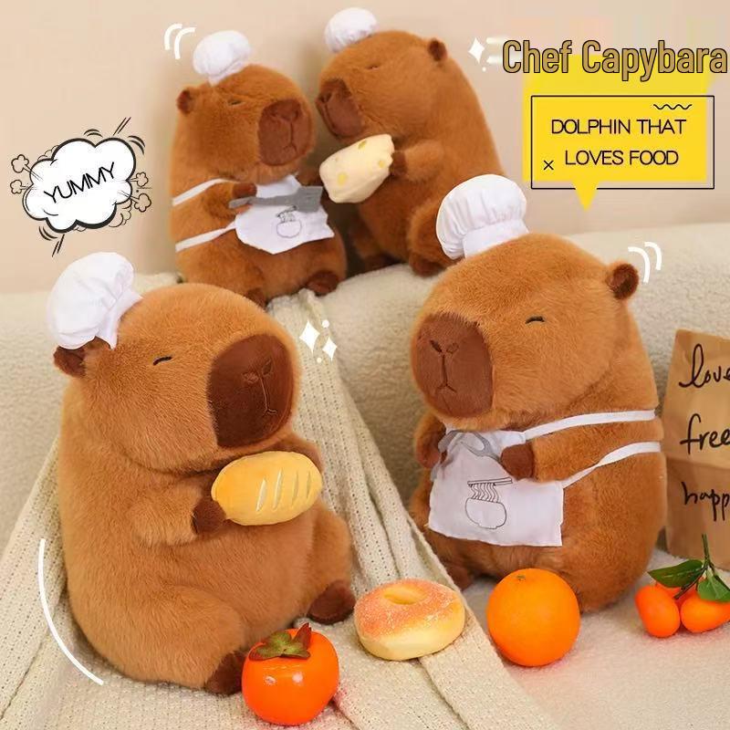 Creative Chef Series Capybara Plush Toy with Spatula, Knife, Fork, Cheese, and Baguette