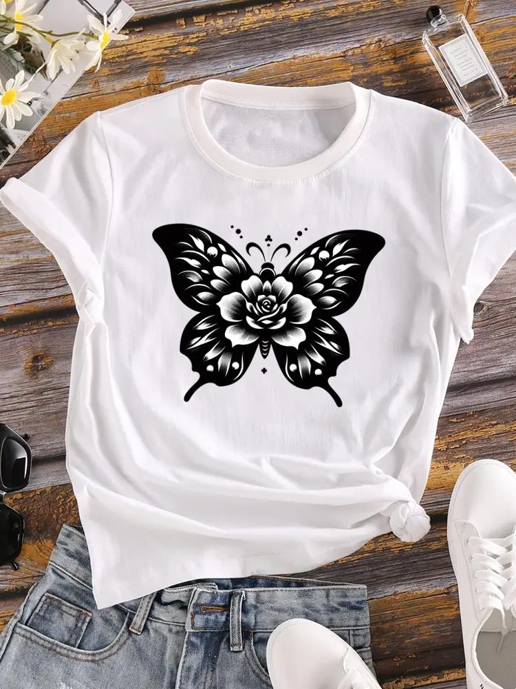 (Asian Size) Printed Female Top T Shirt letter flower Clothing Lady o-neck Short Sleeve T-shirts Casual Fashion Women Graphic Tee