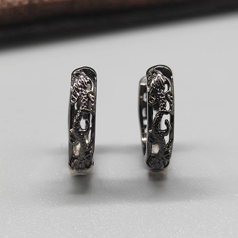 Rockyu Hoop Earrings for Black Chinese Style Dragon 925 Accessories Men, Ring, Earrings, Pixiu, Silver, Hypoallergenic, Birthday, Anniversary, Party,