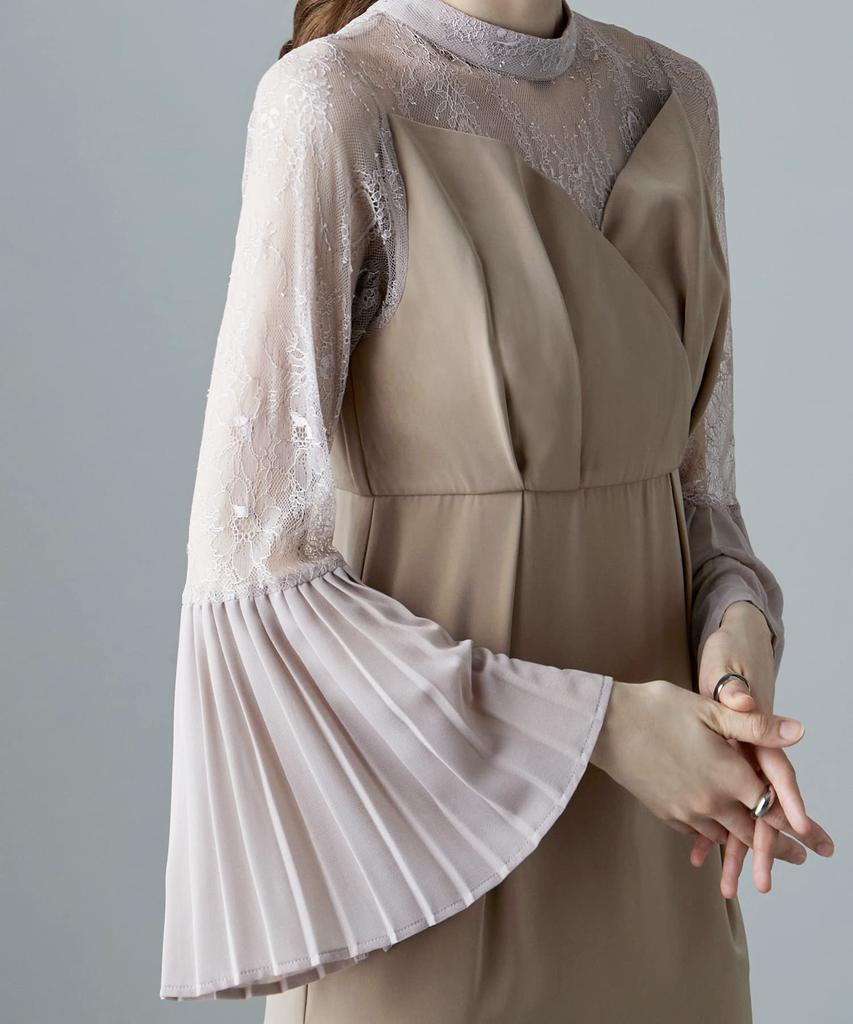 Pleated Bell Sleeve M [etoll] I-line Dress, One-piece, Wedding, After-party, Formal, Beige,