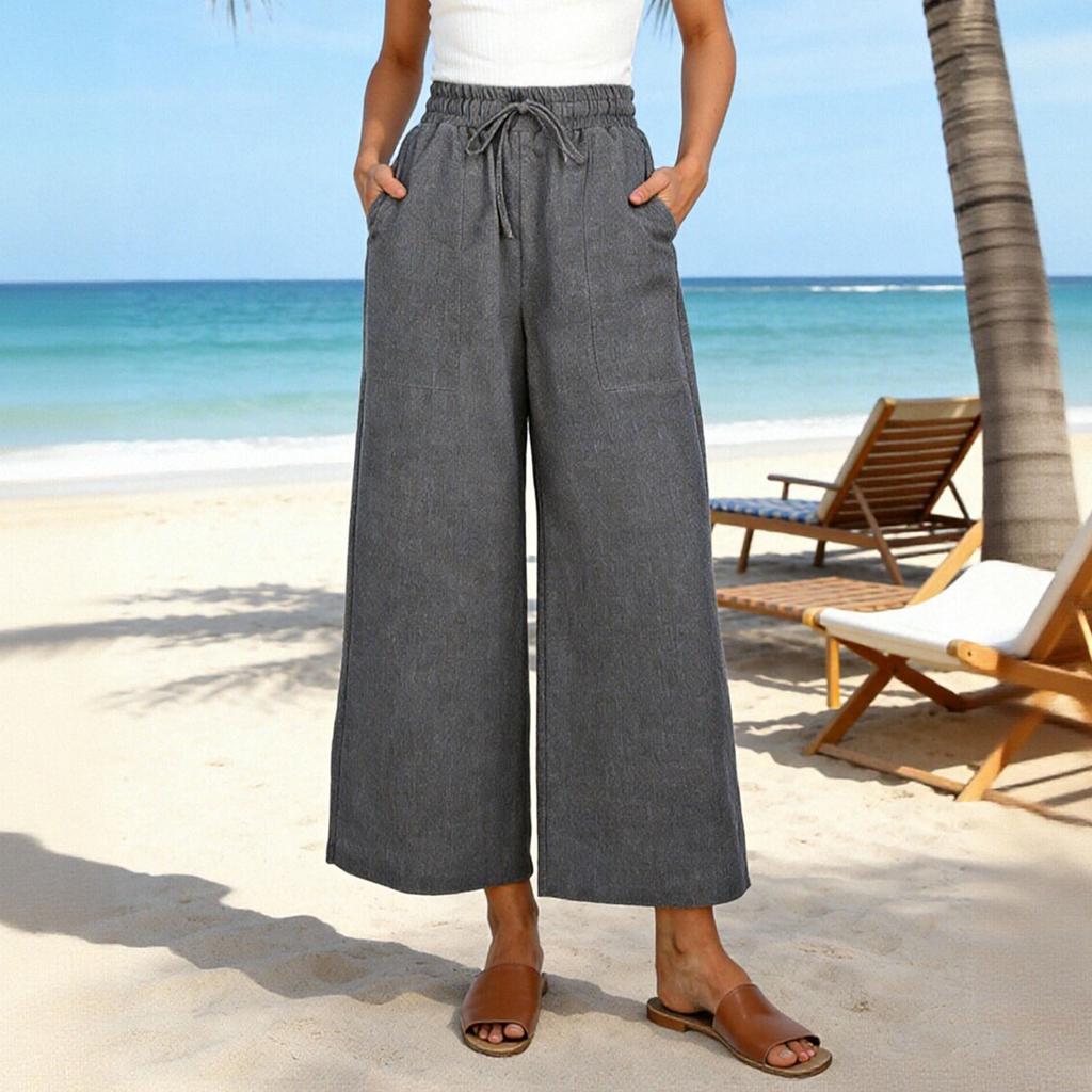 Women's Mid-length Color Drawstring Casual Pants, High-waisted, Loose Wide-leg Pants
