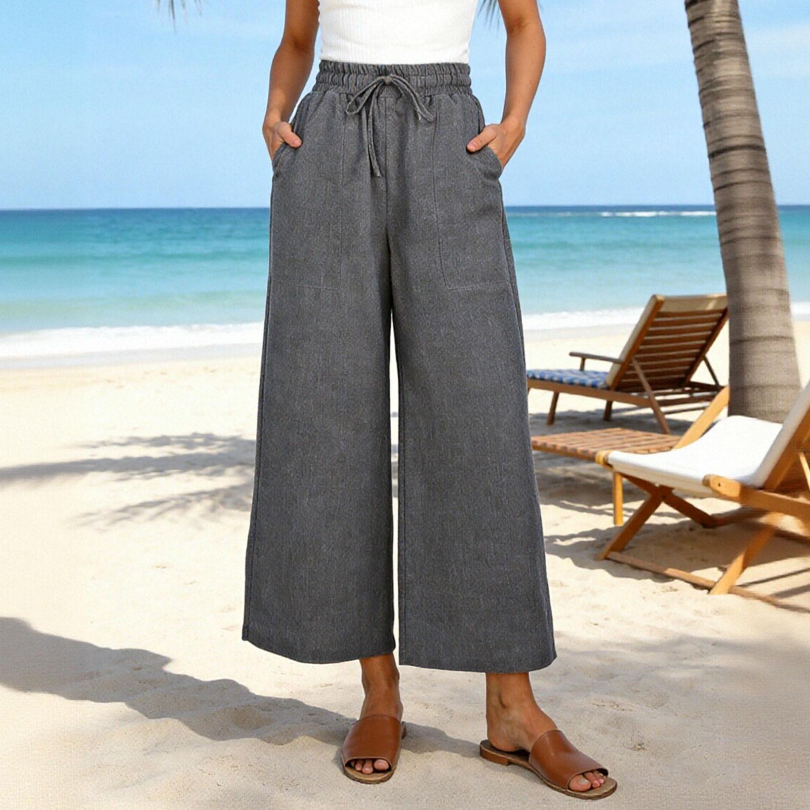 Women s Mid-length Color Drawstring Casual Pants, High-waisted, Loose Wide-leg Pants M