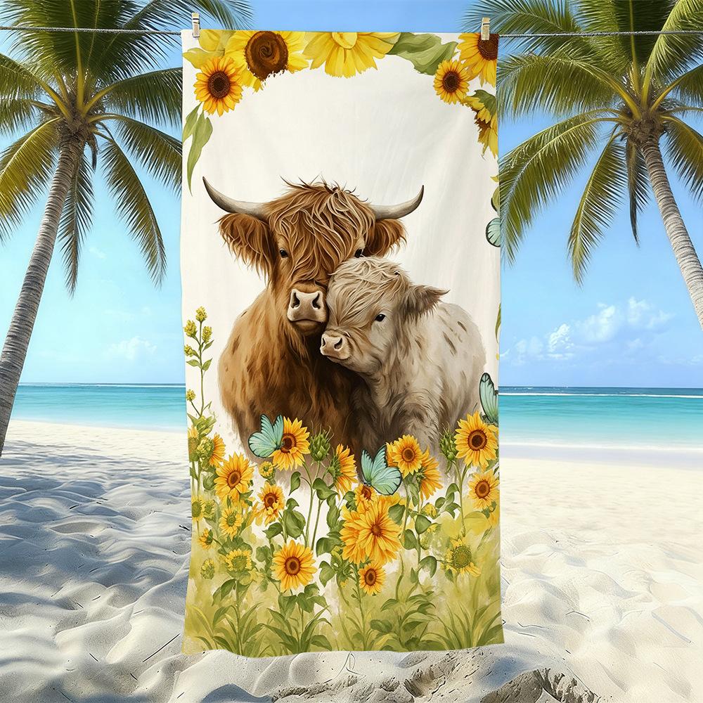 Europäisches und Amerikanisches Retro Hochlandrind Druck Strandtuch Mikrofaser Verdickt Wasseraufnahme Schnelltrocknend Outdoor Badetuch