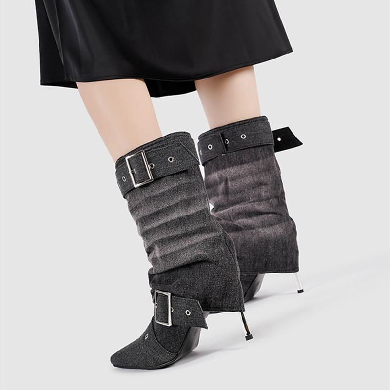 Fashion Retro Denim Rivet Strap Buckle Women Mid-calf Boots Fashion Pleated Design High Heels Autumn Winter Western Cowboy Boots Shoes