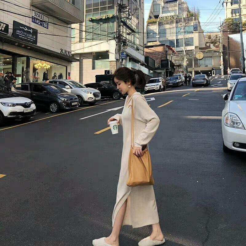 Autumn temperament women's clothing new loose lazy style hooded knitted skirt medium and long bottom dress