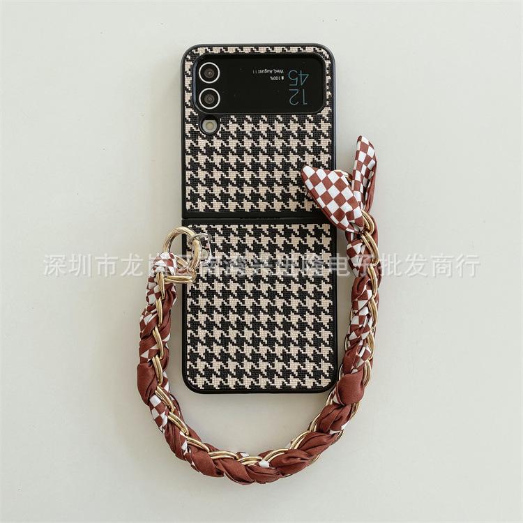 Applicable To Samsung ZFlip3 Plaid Leather Folding Mobile Phone Case ZFlip4 Portable Rope Silk Scarf Back Cover Case Protective Case