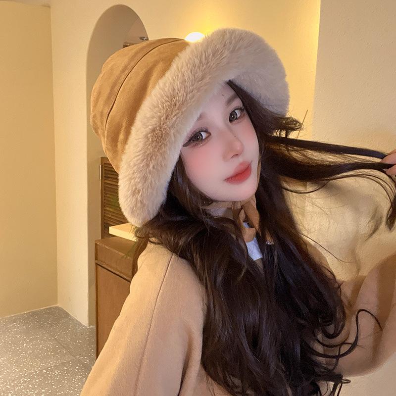 Plush Thickened Furry Mongolian Hat Live Broadcast Same Solid Color Suede Lace Up Ear Protection and Warm Fisherman's Hat