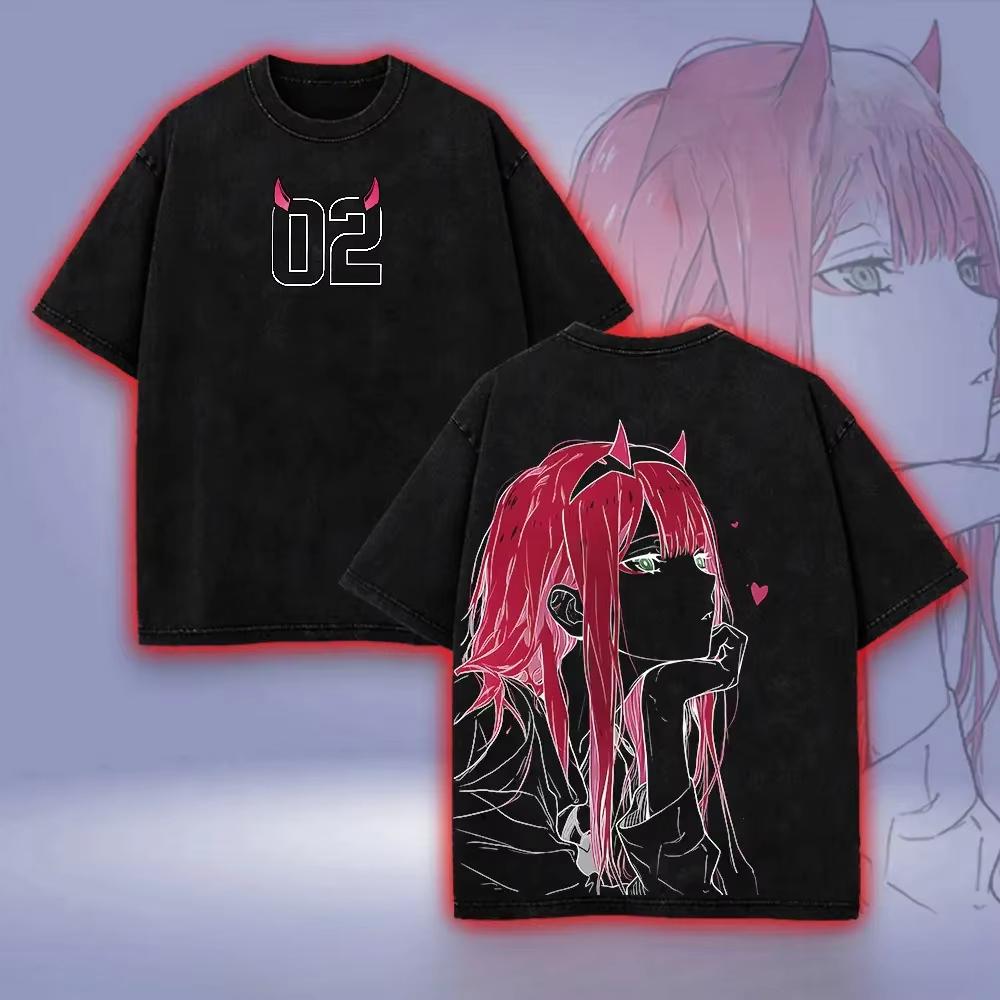 Zero Two Darling in The Franxx T-Shirt Anime Vintage Y2k Gewaschenes T-Shirt Lässig Kurzarm Baumwolle Locker Bequem Damen Herren Kleidung L