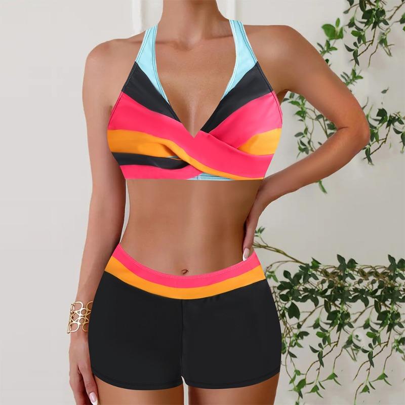 Women's Striped Cross V Neck Two Piece Swimsuit with Shorts