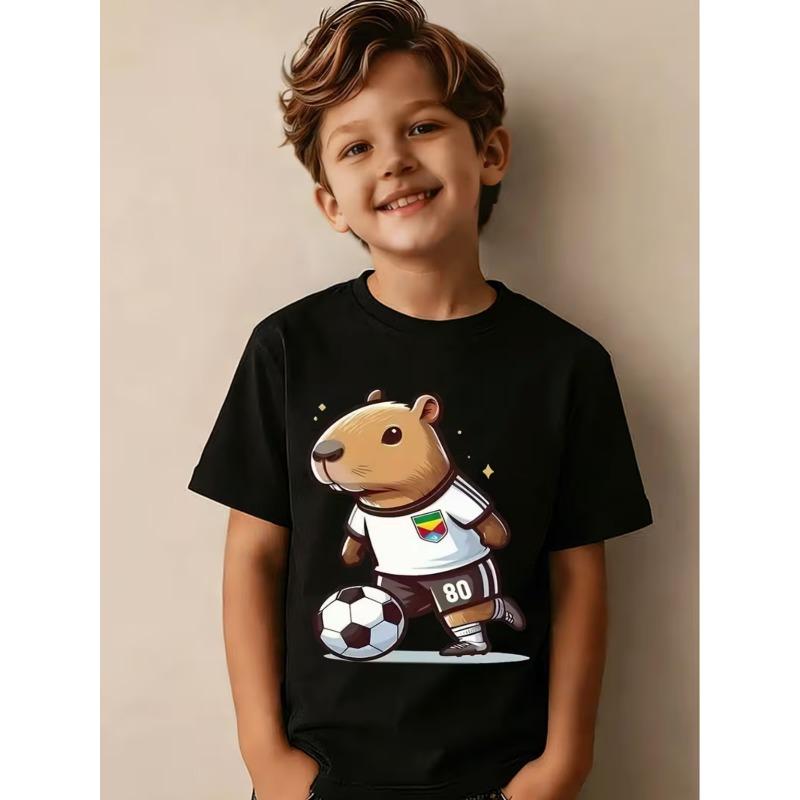 European Sizes Cute Cartoon Capybara Kicking Soccer T-Shirt for Kids And Children - Light Brown Capybara with Dark Brown Nose