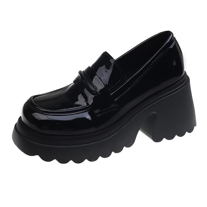 Gothic Chunky High Heels Pumps for Women 2025 Spring Patent Leather Platform Loafers Woman Black Thick Heeled Jk Lolita Shoes