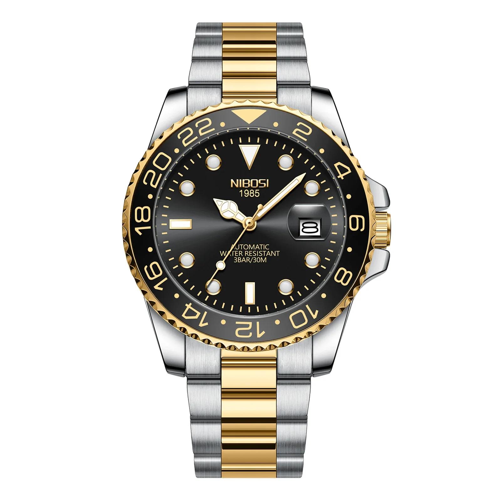 

NIBOSI Luxury Mens Watches Stainless Steel Date Military Fashion Luminous Waterproof Quartz Wristwatches чёрный/золотой