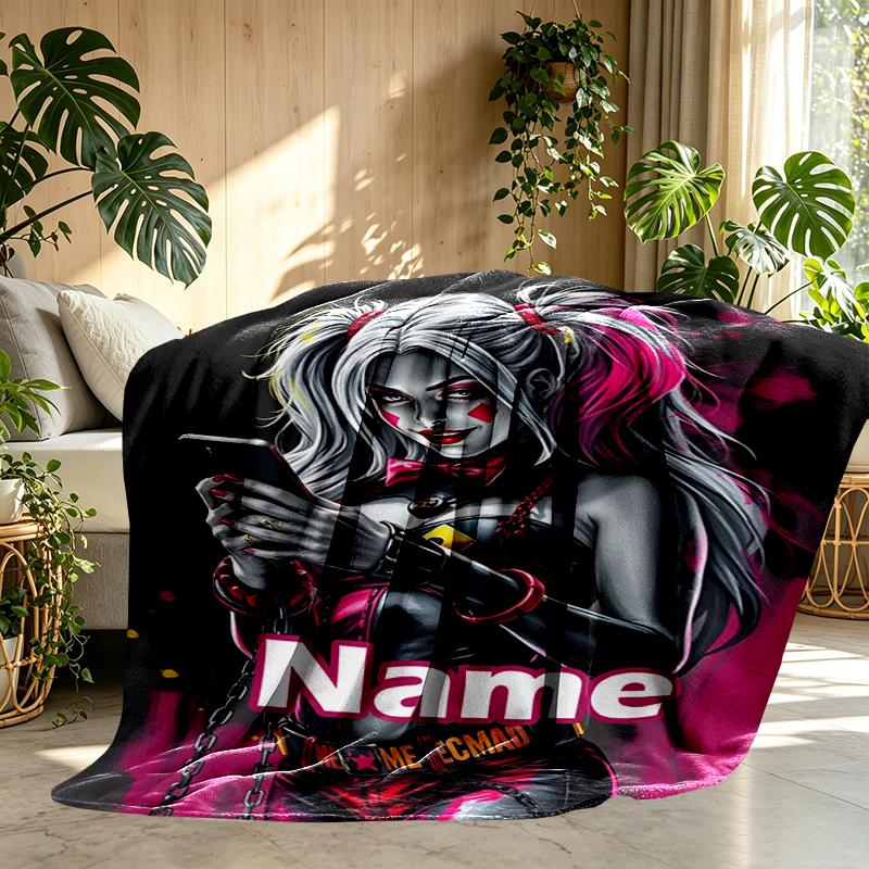 Custom Name Personalized Harley Quinn Joker Print Blanket, Home Decor, Bedroom, Sofa, Camping, Couch, Gifts for Birthday Christmas