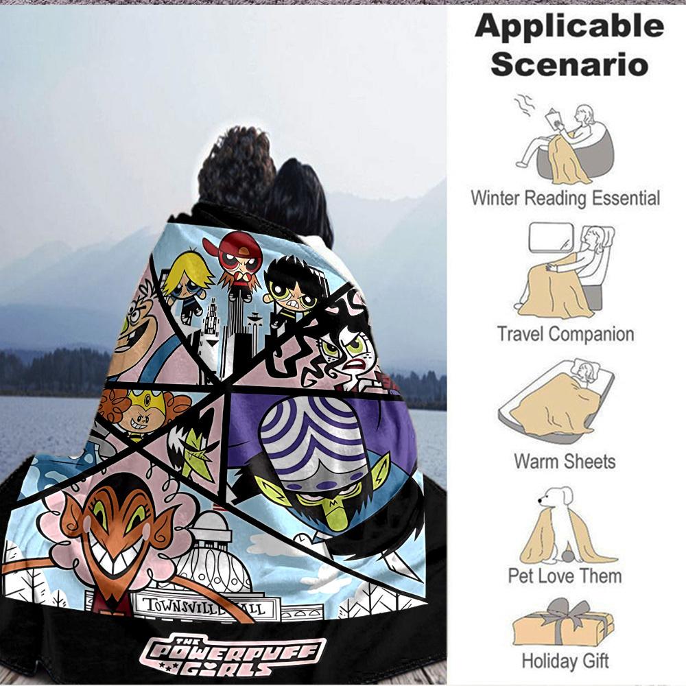 1pc Powerpuff Girls Cozy Print Blanket Lightweight Warm Flannel Throw Blanket For Sofa, Bed, Living Room