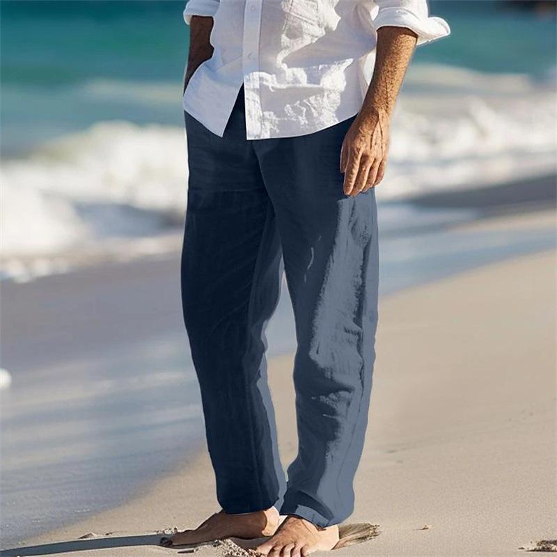 Men's Pure Linen Solid Colour Casual Relaxed Fit Spring/Summer Breathable Beach Straight-Leg Everyday Holiday Trousers