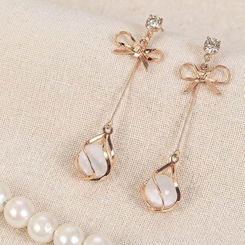 

1 Pair Trendy Bow Cats Eye Tassel Earrings for Women Versatile Long Dangle Jewelry Accessories Fashionable Gift золотой