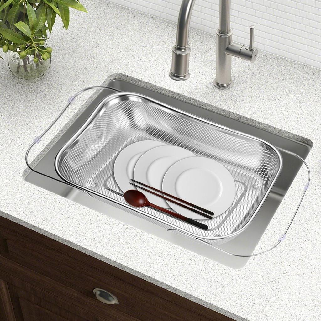Stainless Steel Over Sink Colander with Telescopic Handle Metal Mesh Strainer Basket for Washing Fruits & Vegetables