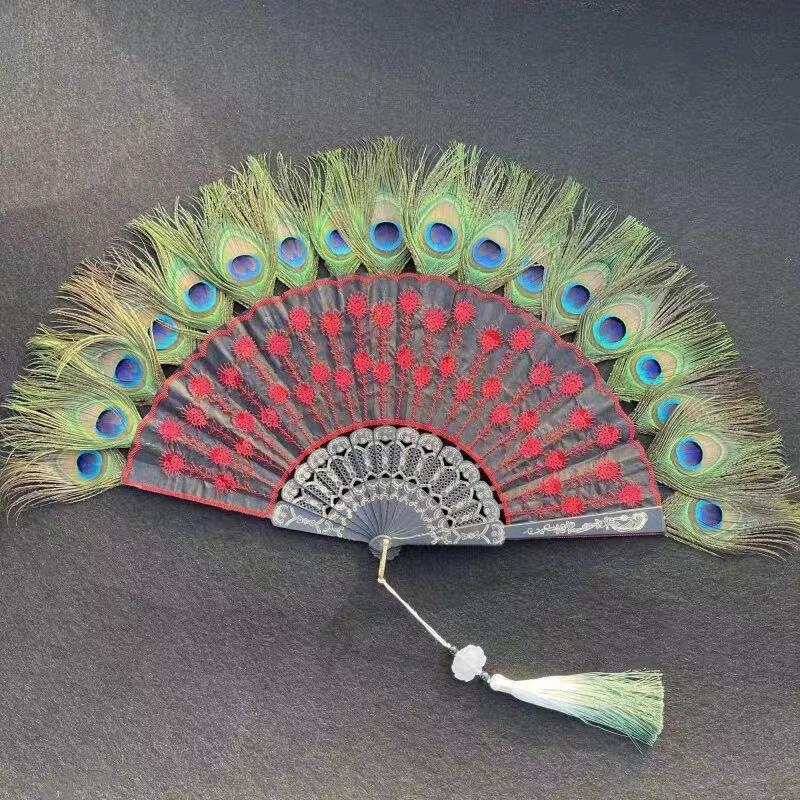 1PC Folding Fan Colorful Peacock Feather Home Decoration Embroidery Sequin High Quality Dance Hand Fans