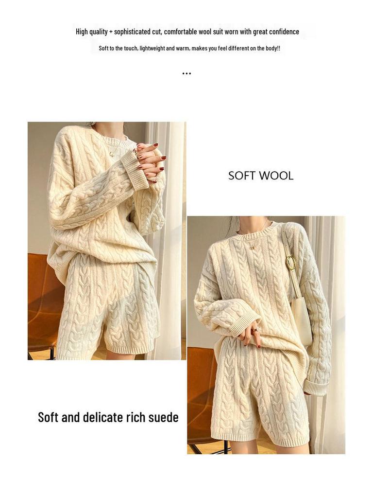 2022 Fall/Winter Women's 100% Wool Casual Knit Sweater & Cashmere Sweatshirt Set