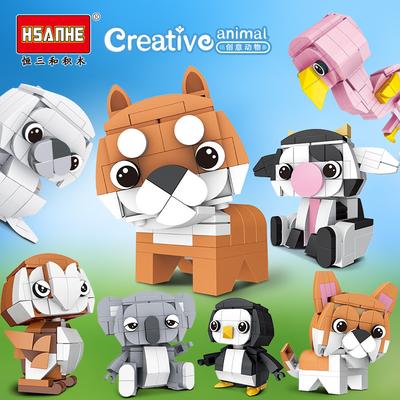 Hsanhe Plastic Blocks Animal Model Corgi Dog Building Assembly Toys Flamingo Educational Coala Children Gifts for Kids