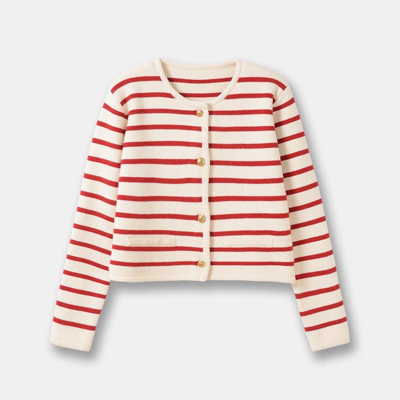 Women Autumn Sweaters O-neck Stripe Knitted Cardigan Fashion Long Sleeve Casual Short Tops